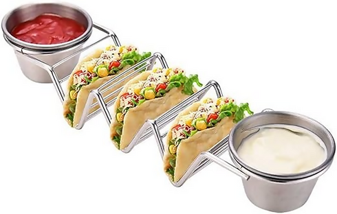 Taco Rack, Stainless Steel 3 Grids Taco Rack, V-Shaped Stand, Taco Holder, Kitchen Tool with Gravy Boat for Restaurants, Dining Tables