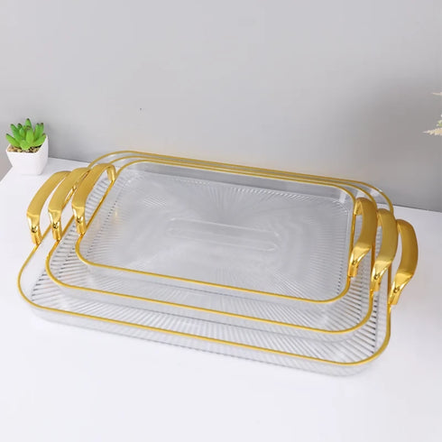 Clear Food Serving Tray with Gold Handles Set of 3 and Serving Tray