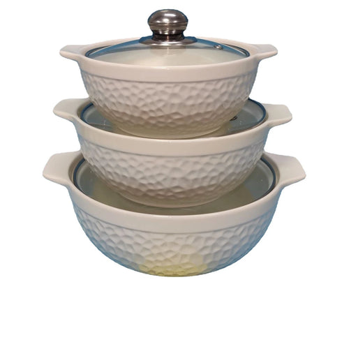 3 Piece White Ceramic Casserole Serving Dishes Set with Tempered Glass Lid Covers