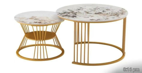 Round Coffee Tables, Removable Set of 2 End Table, Nesting Tables with Gold Metal Frame Legs and Marble Pattern Top