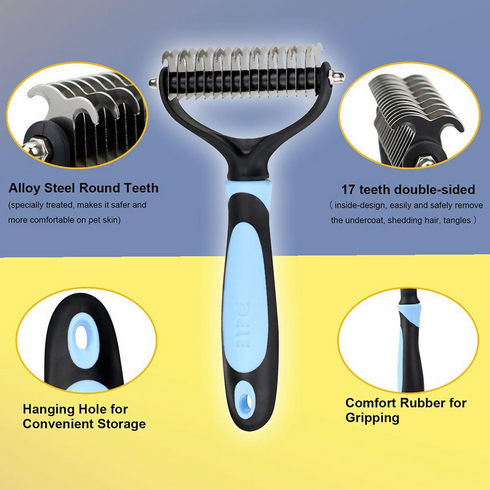 Double Sided Pet Dematting Comb for Large Dogs - Blue