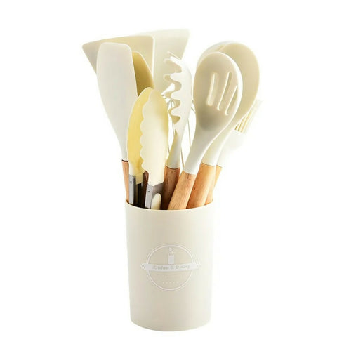 12-Piece Non-Stick Silicone Kitchenware Set With Wooden Handle Cooking Utensils for Storage Barrel