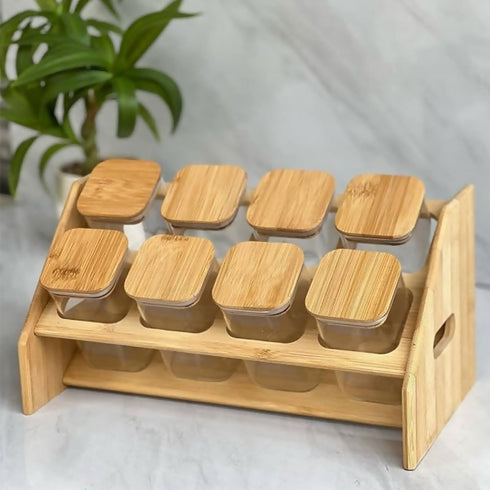 8-jar glass spice set with wooden lids