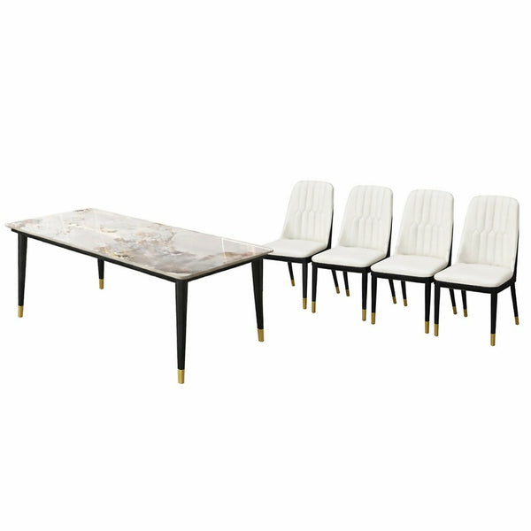 Marble Dining Table Set with 4 White Chairs