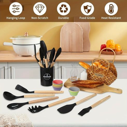 12-Piece Non-Stick Silicone Kitchenware Set With Wooden Handle Cooking Utensils for Storage Barrel