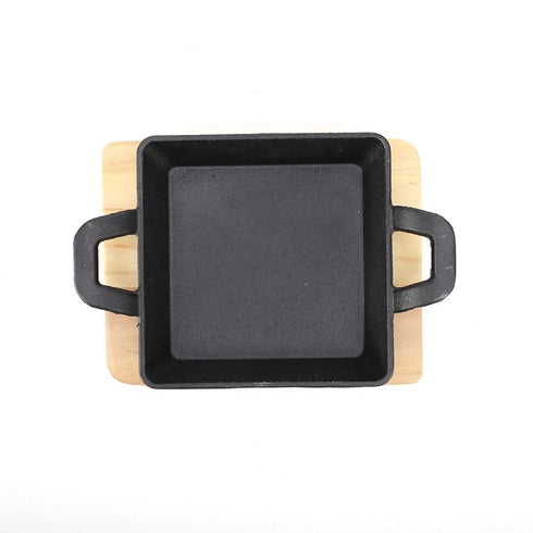 Mini Square 12.5cm Sizzling Plate with Handle and Wooden Base