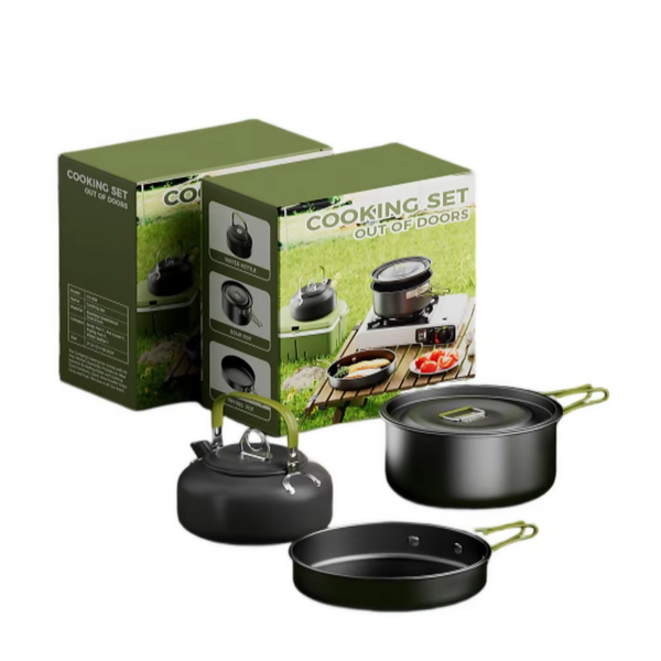 Portable 3-Piece Carbon Steel Cookware Set with Wood Hand Grip Soup Pot Frying Pan & Kettle-Dishwasher & Oven Safe