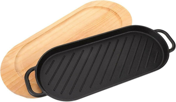 Cast Iron Steak Plate with Wooden Tray, Grill Pan