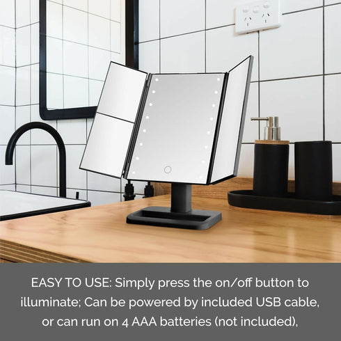 Elements Tri Fold LED Vanity Mirror, 3 Magnifications and Dimmable LED Lights, Black