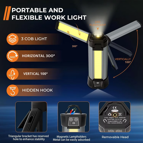 New XHP50 High Brightness LED Camping Light USB Rechargeable ABS IP20 Screen Display Magnetic Stand Stretchable COB Work Light