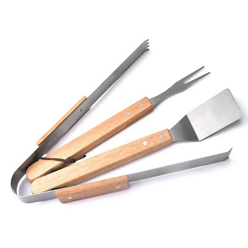 3-Piece Stainless Steel BBQ Fork, Spatula and Clips with Wooden Handle-cream