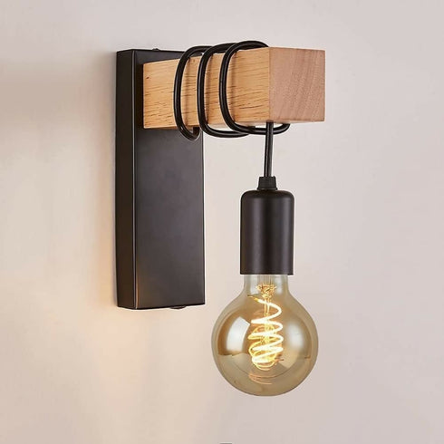 Retro Loft Rustic Rectangular Wood + Metal Wall Light