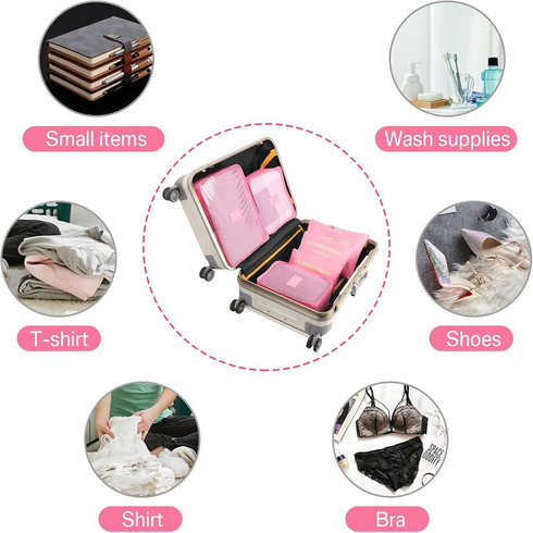 Oxford Cloth Packing Cube Organizer Travel Laundry Pouch - Set of 6 - Pink