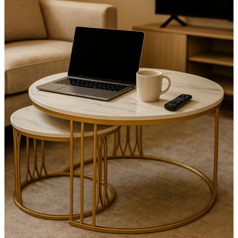 Nesting Coffee Table Set 2Piece Modern Center Tables for Home White - Gold - FU3019