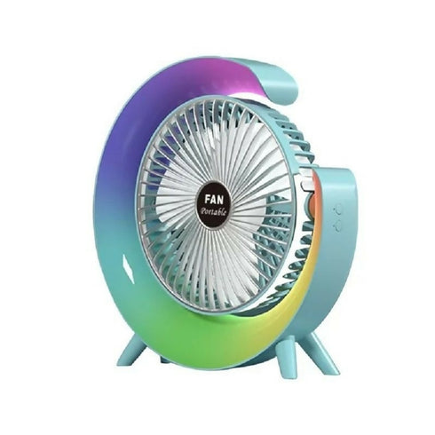 Desktop Rechargeable Rotatable Fan with Colorful Light - Blue