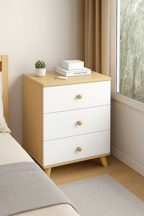 Modern Wooden 3-Drawer Bedside Table with White Finish