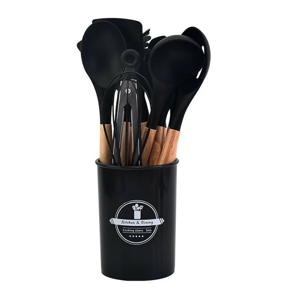 12-Piece Non-Stick Silicone Kitchenware Set With Wooden Handle Cooking Utensils for Storage Barrel