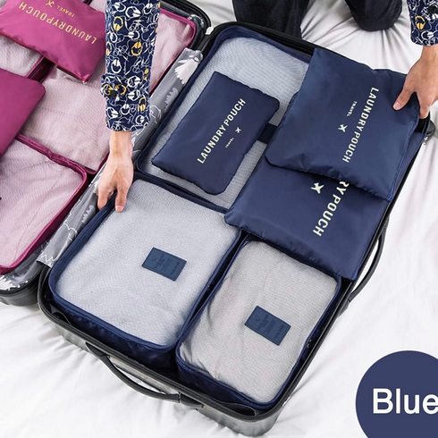 Oxford Cloth Packing Cube Organizer Travel Laundry Pouch - Set of 6 - Blue