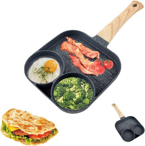 Aluminium Non-Stick Grill 3 Division Frying Pan Grey Wooden Handle