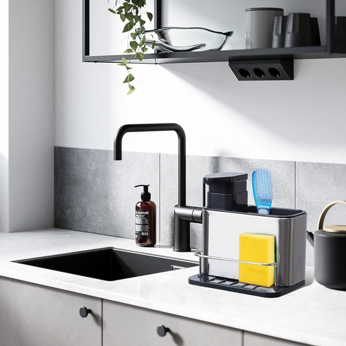 Stainless Steel Organiser With Soap Dispenser And Storage Compartment