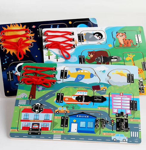 2026 Montessori Sensory Board Game Traffic Animal Space Pairing Board Early Educational Toy Wooden Unlock Kids Busy Board Toy
