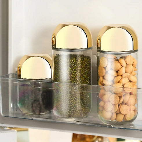 Round Glass Kitchen Food Grade Gold Plated Plastic Lid Airtight Sealed Glass Storage Jar