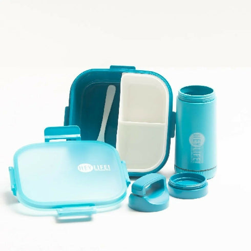 Hey life 900ml 3 compartment lunch box with water bottle-Blue