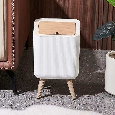 Practical Wooden Grain Square Pressing Type Trash Can Open Lid Standing Home Plastic Bin