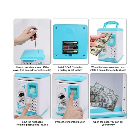 Robot Piggy Bank Kids ATM Electronic Fingerprint Password Money Safe - Blue