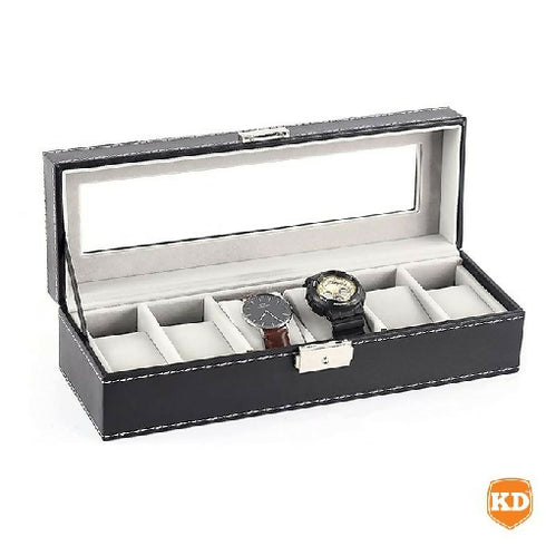 6 Slot PU Leather Watch Box Display Case Jewelry Organizer with Glass Top