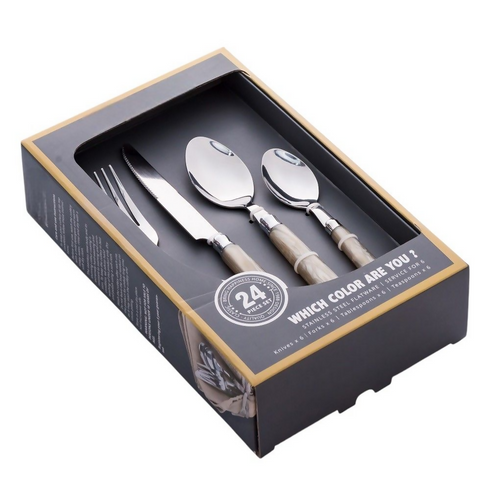 24 Piece Beige Stainless Steel Cutlery Set.