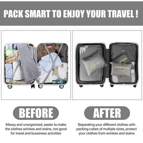 Oxford Cloth Packing Cube Organizer Travel Laundry Pouch - Set of 6 - Grey