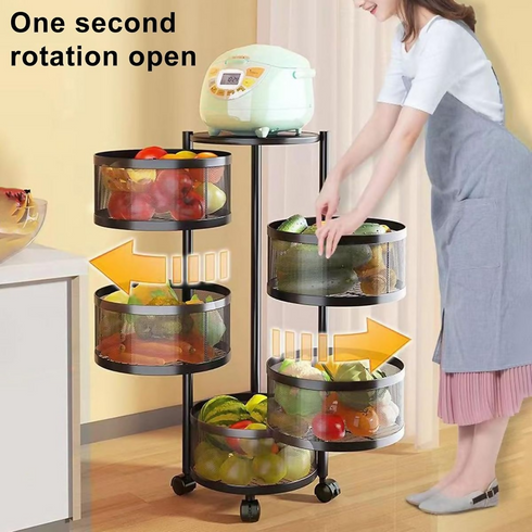 5 Tier Fruit Shelf Basket Storage Rack Rotating Wheels