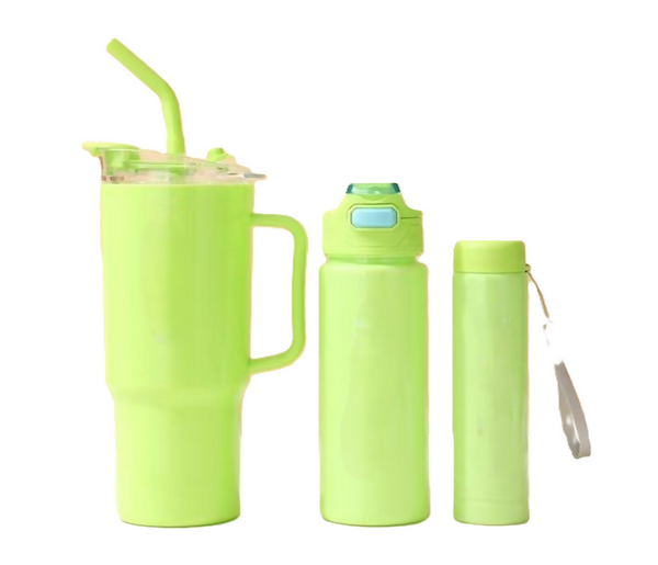 3 Piece Sports Water Bottle Set With Straw- Green