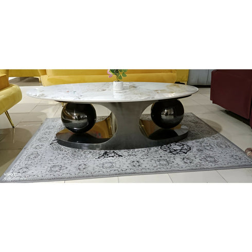 Oval Marble Top Coffee Table with 2 Ball Base Design And Side Table