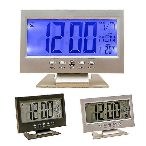 Sound Sensor Light Up LCD Digital Table Alarm Clock Calendar Temperature Display