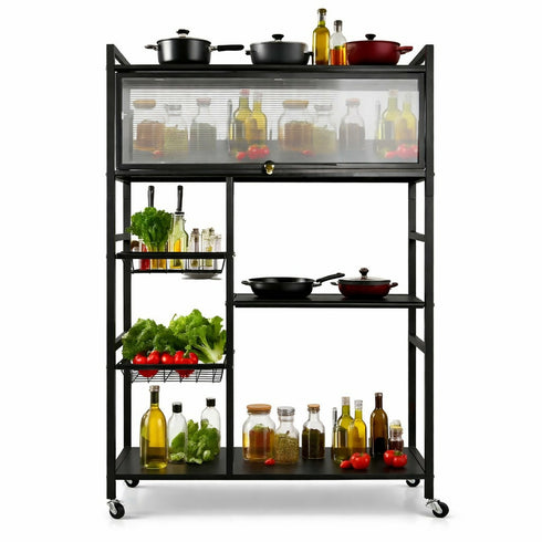 Kitchen Storage Rack with Sliding Door - Black Metal, on Wheels
