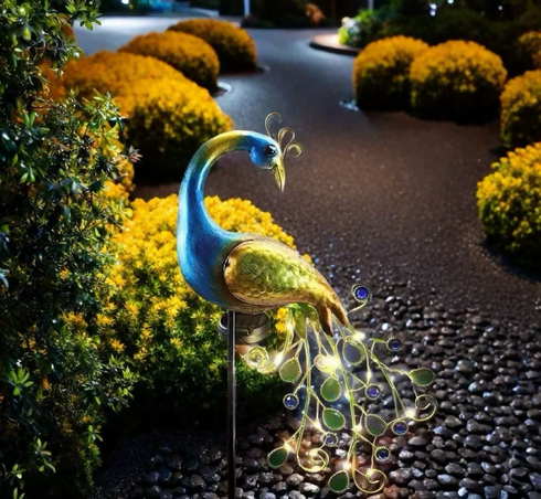 2 Pack-Solar Peacock Crafts Iron Art Grounded Courtyard Decorative Light.