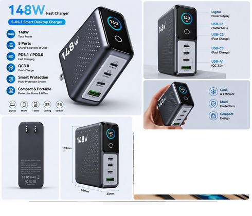 148W 5-in1 Fast Charger MultiPort USB-C PD USB-A Desktop Charging Station