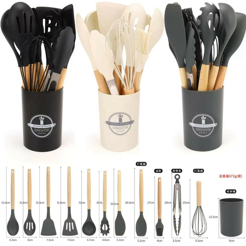 12-Piece Non-Stick Silicone Kitchenware Set With Wooden Handle Cooking Utensils for Storage Barrel