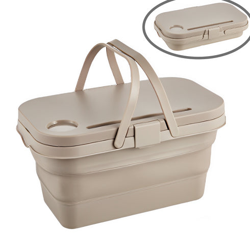 Collapsible Picnic Basket with Handles, Lid as Table - 3-in-1 Bucket - Brown