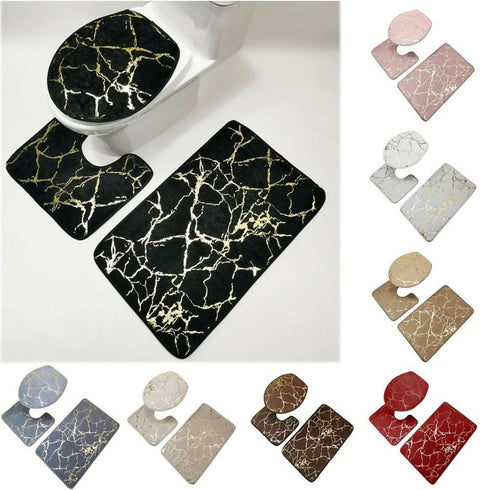 Gold pattern Marble 3 Piece Bathroom Mat set