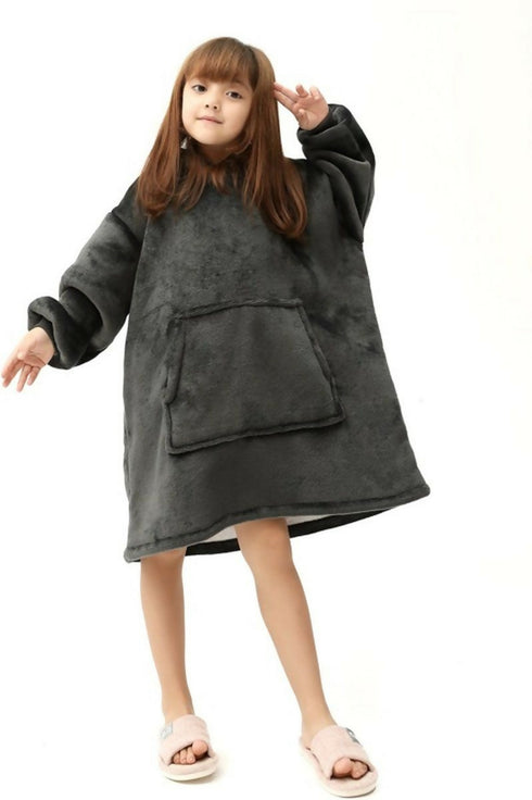 Kids Oversized Thick Warm Blanket Hoodie For Winter - Black
