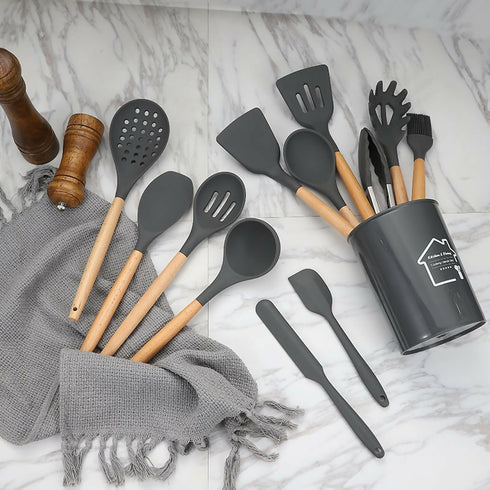 12-Piece Non-Stick Silicone Kitchenware Set With Wooden Handle Cooking Utensils for Storage Barrel