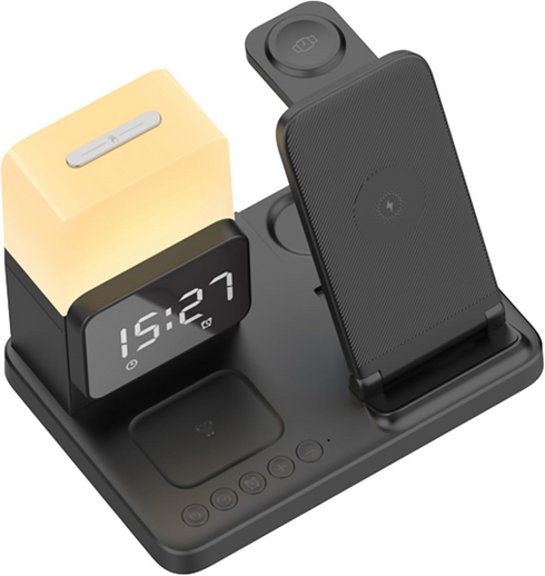 6-in-1 Wireless Phone Charger Alarm Clock LED Lamp 15W Fast Charge Earphone Watch Charge