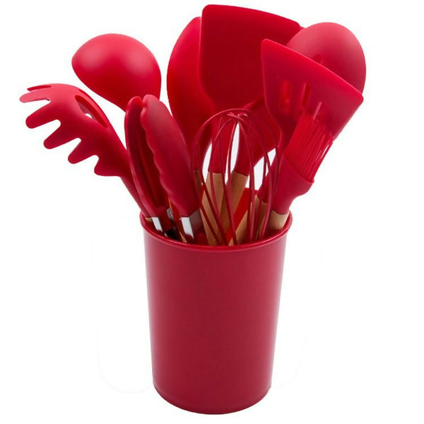 11Pieces Non-Stick Silicon & Wooden Handle Kitchen Utensil Set - Red