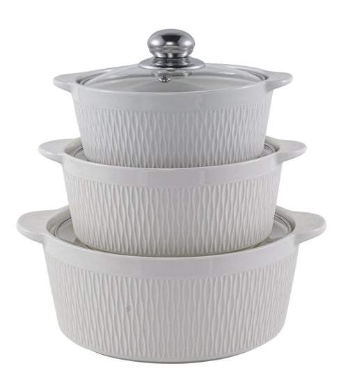 3 Piece White Ceramic Casserole Serving Dishes Set with Tempered Glass Lid Covers