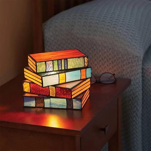 Stained Glass Stacked Books Lamp, Reading Nook Lighting Vintage Table Lamp, for Home