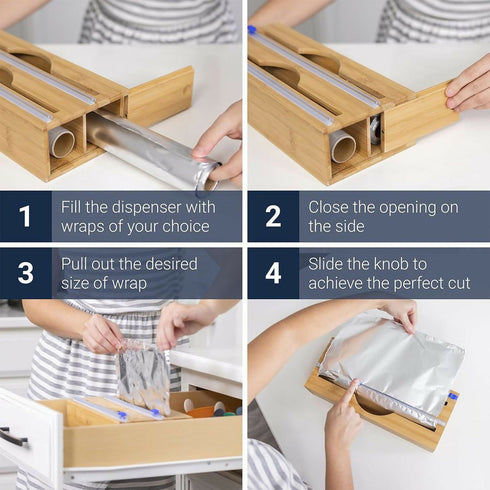 2-in-1 Bamboo Food Wrap Dispenser With Cutter