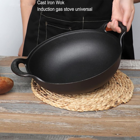 Nonstick Tradition Cast Iron Wok with Wooden Lid